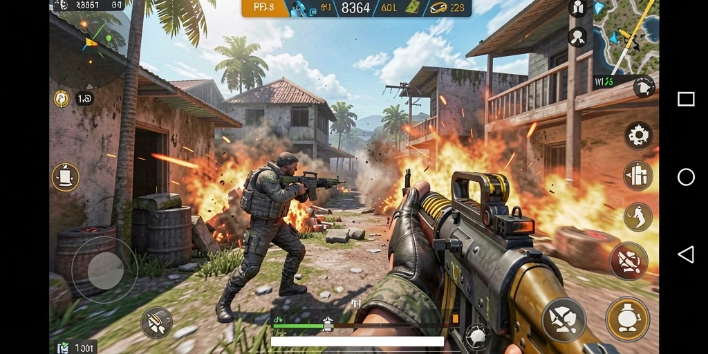 Gameplay seru dalam 8364 dengan aksi tembak-menembak intens.