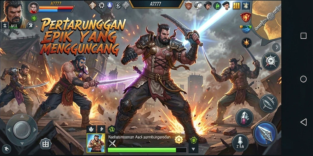 Screenshot A7777 menampilkan aksi pertarungan yang intens dan karakter dinamis.
