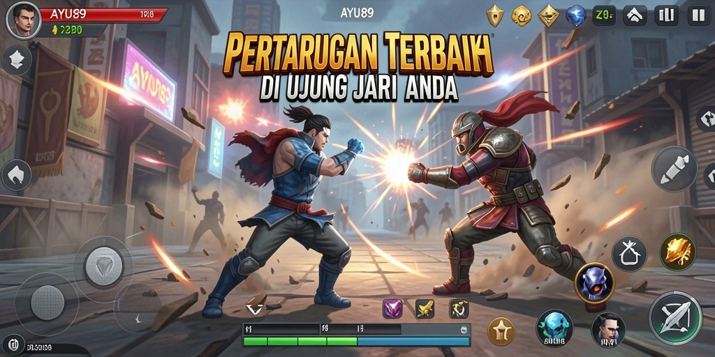 Screenshot gameplay AYU89 menampilkan pertarungan seru karakter.