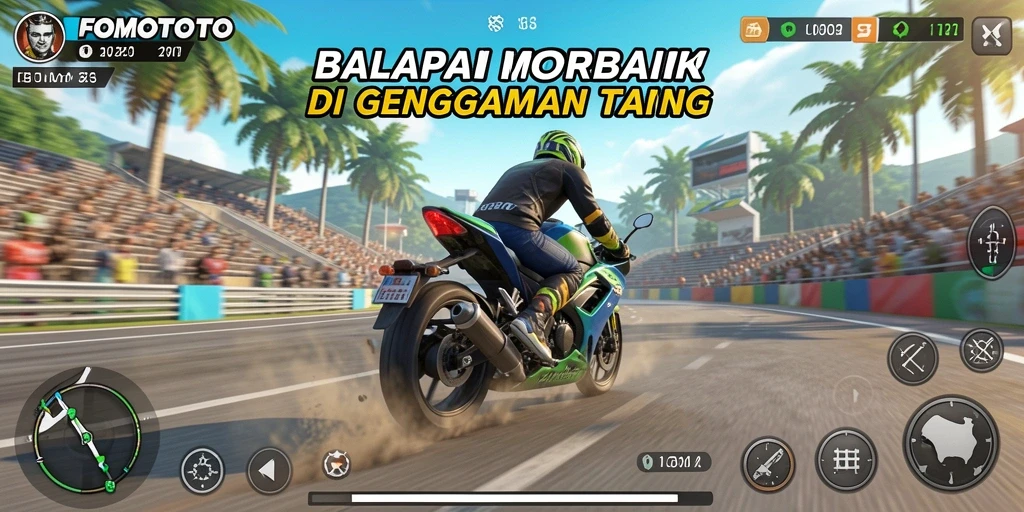 Tampilan aksi balapan seru dalam FOMOTOTO dengan motor yang melaju kencang.
