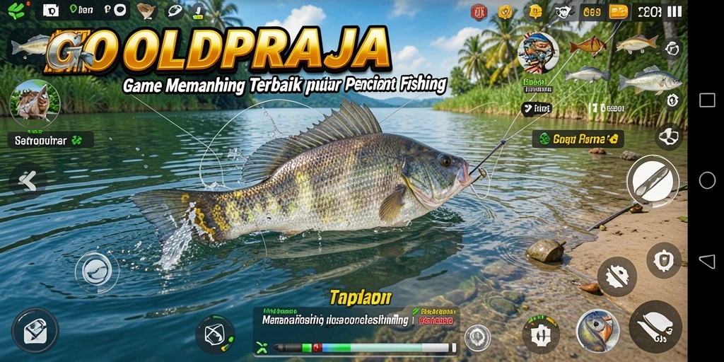 Tampilan gameplay <strong>GOLDRAJA</strong> yang seru saat memancing di danau.
