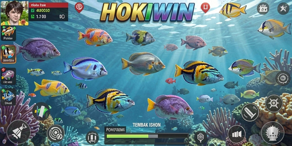 Screenshot HOKIWIN menampilkan pemain berburu ikan dengan senjata yang beragam.