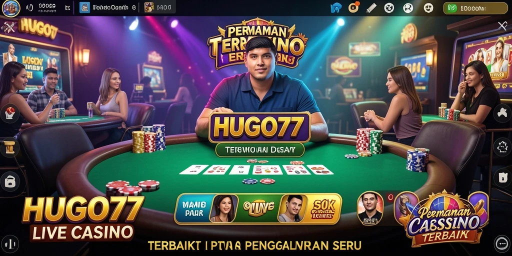 Screenshot HUGO77 menampilkan dealer langsung yang ramah dan suasana permainan yang menarik.