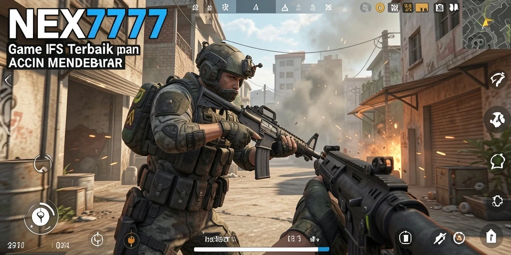 Screenshot utama NEX777 menampilkan aksi tembak-menembak yang seru.