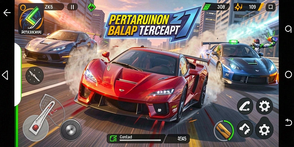 Gameplay ZK7 yang beraksi dengan mobil balap penuh kecepatan.
